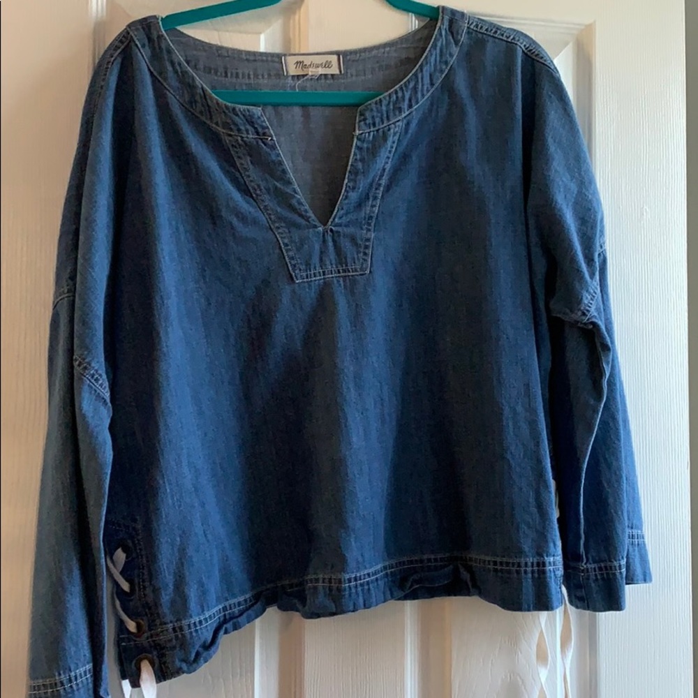 Lightweight Jean Material top with white ties